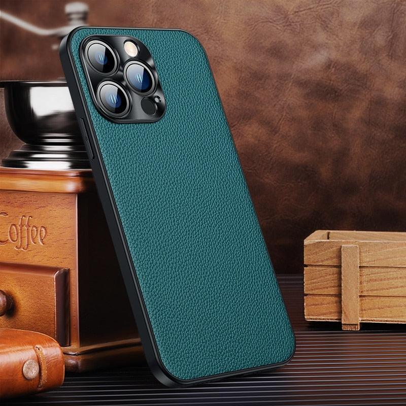 Classic Leather Case Compatible with iPhone Slim Leather Protective Case Midnight Green Luxury Genuine Leather Cover For iPhone 14 Pro 13 12 11 Pro Max X XS XR 7 8 Plus Case Vintage Leather Business Men Iphone Case Stevvex