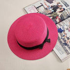 Classic Simple Female Hat For Summer Beach Hat Casual Lady Summer Solid Color Straw Hat Women Elegant Hat Traveling Hats UV Protection Sun Cap Women Flat Bowknot Design Cute Cap Girls Hat 56-58cm Stevvex