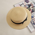 Classic Simple Female Hat For Summer Beach Hat Casual Lady Summer Solid Color Straw Hat Women Elegant Hat Traveling Hats UV Protection Sun Cap Women Flat Bowknot Design Cute Cap Girls Hat 56-58cm Stevvex