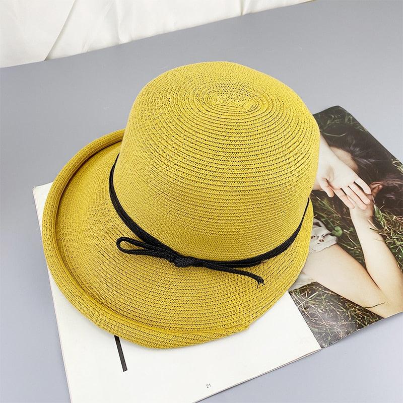 Classic Style Straw Hat Women Foldable Traveling Summer Women's Big Sun Hat Vintage Design Wide Side Straw Hat Female Summer Beach Hat Holiday Party Cap 56-58CM Stevvex