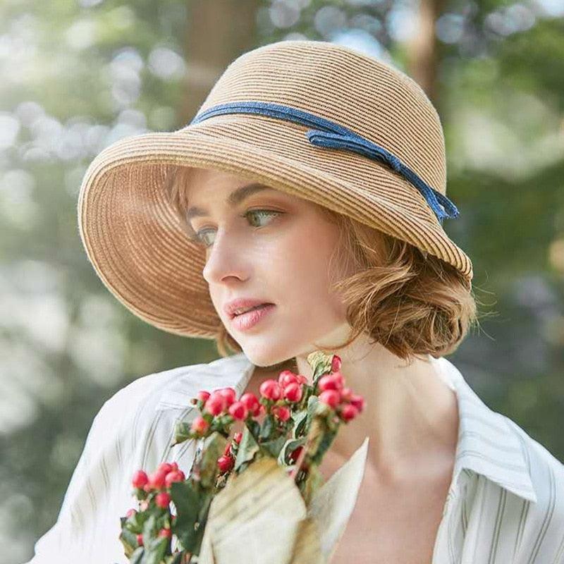 Classic Style Straw Hat Women Foldable Traveling Summer Women's Big Sun Hat Vintage Design Wide Side Straw Hat Female Summer Beach Hat Holiday Party Cap 56-58CM Stevvex