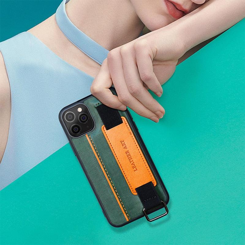 Classic Vintage Design Leather Belt Style With Strap Case for iPhone 14 13 12 Mini 11 Pro Max XS XR Max 8 7 6S Plus PU Leather Wristband Card Holder Full Cover Business Simple Iphone Case For Men And Women Stevvex