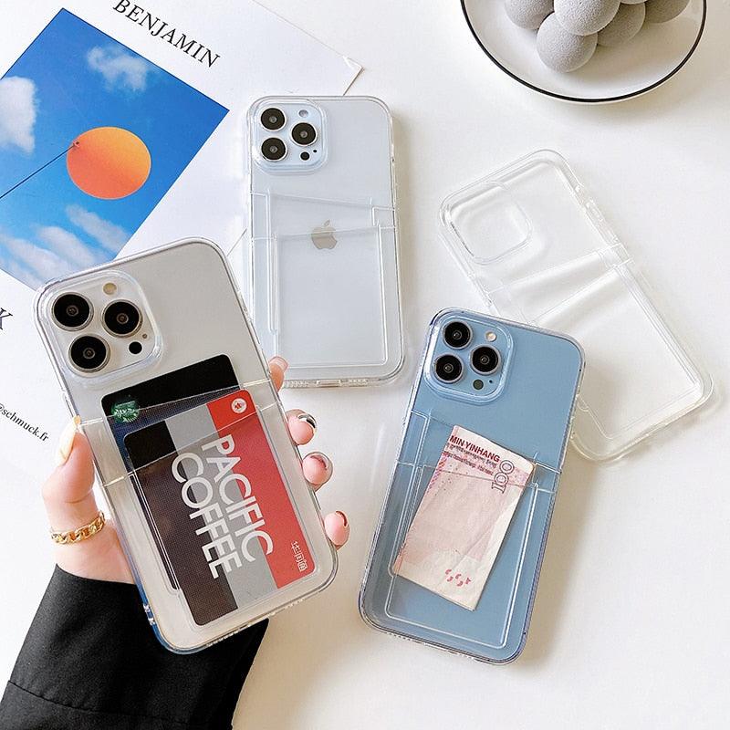 Clear Dual Card Slots Transparent Phone Case For iPhone 14 13 12 11 Pro Max XS Max XR X Full Body Shockproof Soft Silicone Back Cover Stevvex