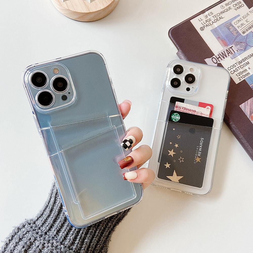 Clear Dual Card Slots Transparent Phone Case For iPhone 14 13 12 11 Pro Max XS Max XR X Full Body Shockproof Soft Silicone Back Cover Stevvex
