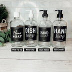 16oz Clear Glass Soap Bottle Refillable Boston Round With Black Label BandsCo Straps