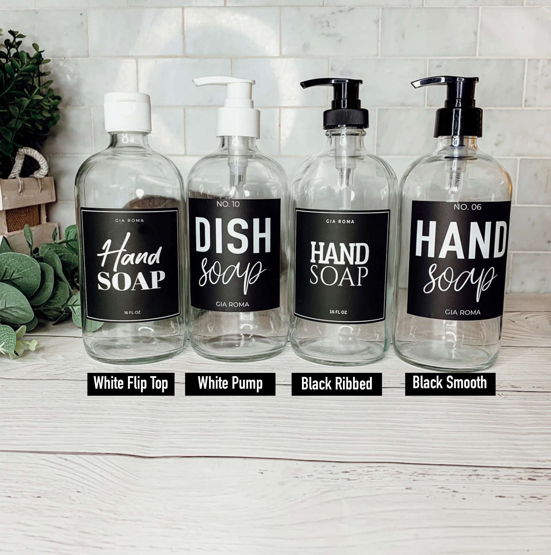 16oz Clear Glass Soap Bottle Refillable Boston Round With Black Label BandsCo Straps