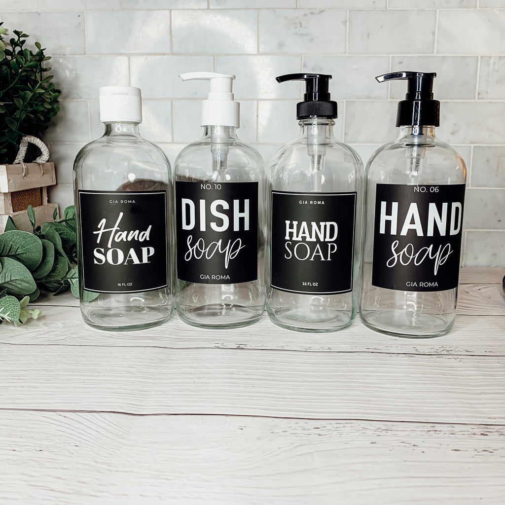 16oz Clear Glass Soap Bottle Refillable Boston Round With Black Label BandsCo Straps