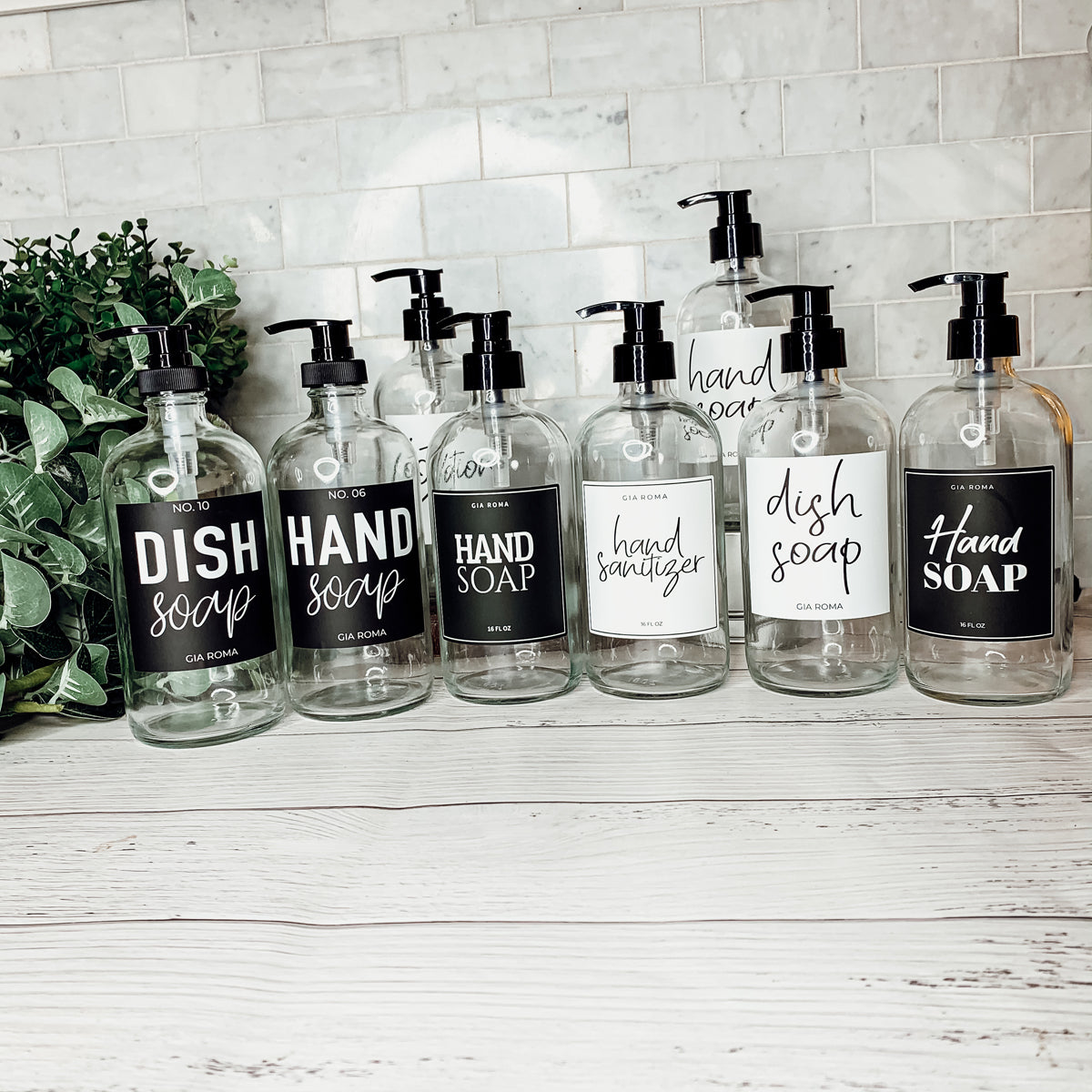 16oz Clear Glass Soap Bottle Refillable Boston Round With Black Label BandsCo Straps