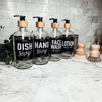 16oz Clear Glass Soap Bottle Refillable Boston Round With Black Label BandsCo Straps