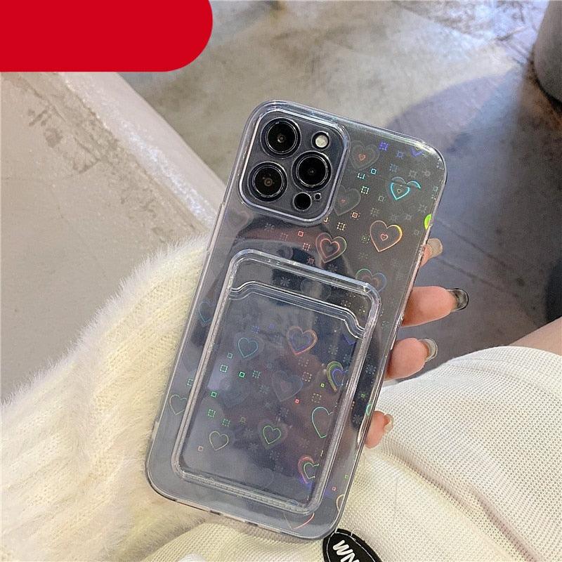 Clear Holographic Love Heart Pattern Cute Case with Card Holder Love Gradient Transparent Soft Case For iPhone 14 13 11 12 Pro Max Mini  X XS XR 7 8 Plus Wallet Card Holder Cover Stevvex
