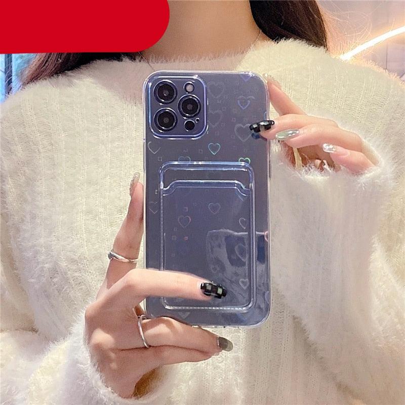 Clear Holographic Love Heart Pattern Cute Case with Card Holder Love Gradient Transparent Soft Case For iPhone 14 13 11 12 Pro Max Mini  X XS XR 7 8 Plus Wallet Card Holder Cover Stevvex