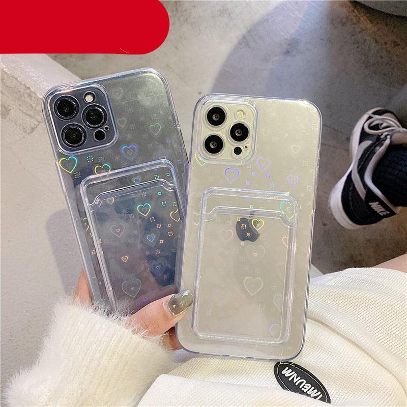 Clear Holographic Love Heart Pattern Cute Case with Card Holder Love Gradient Transparent Soft Case For iPhone 14 13 11 12 Pro Max Mini  X XS XR 7 8 Plus Wallet Card Holder Cover Stevvex