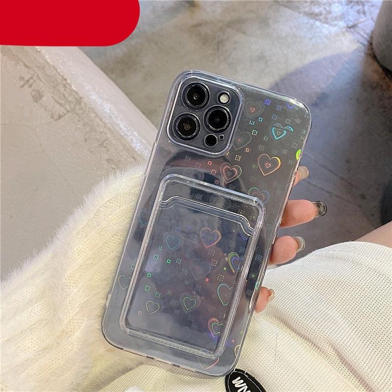 Clear Holographic Love Heart Pattern Cute Case with Card Holder Love Gradient Transparent Soft Case For iPhone 14 13 11 12 Pro Max Mini  X XS XR 7 8 Plus Wallet Card Holder Cover Stevvex