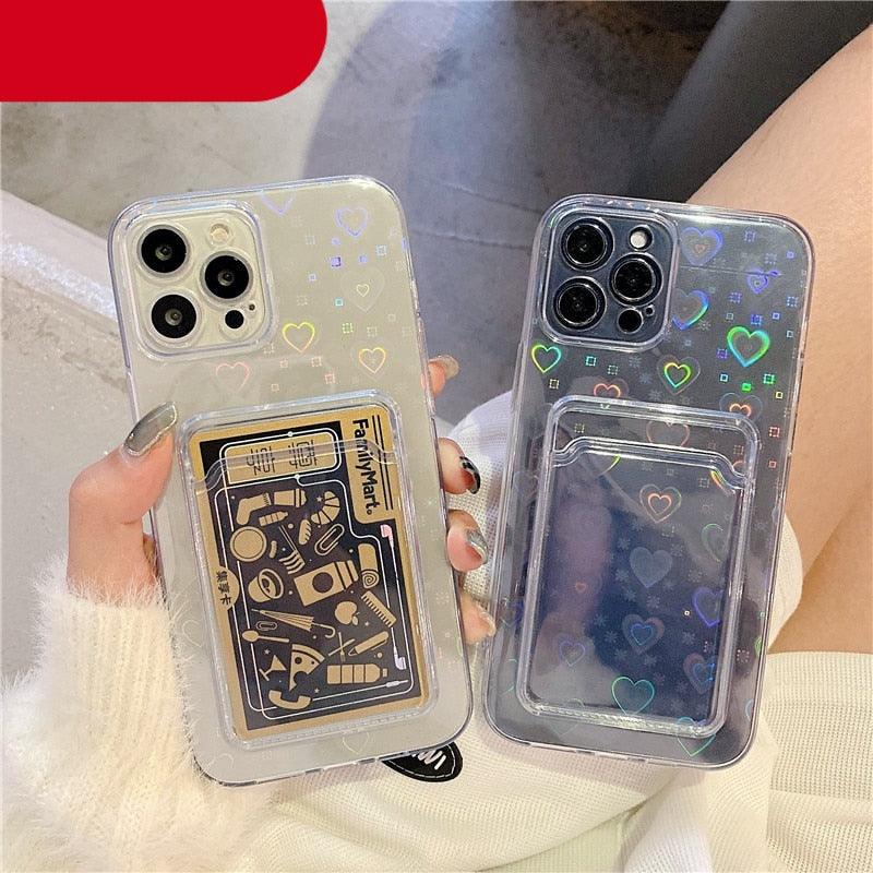 Clear Holographic Love Heart Pattern Cute Case with Card Holder Love Gradient Transparent Soft Case For iPhone 14 13 11 12 Pro Max Mini  X XS XR 7 8 Plus Wallet Card Holder Cover Stevvex