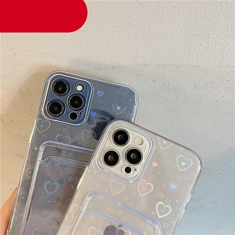 Clear Holographic Love Heart Pattern Cute Case with Card Holder Love Gradient Transparent Soft Case For iPhone 14 13 11 12 Pro Max Mini  X XS XR 7 8 Plus Wallet Card Holder Cover Stevvex