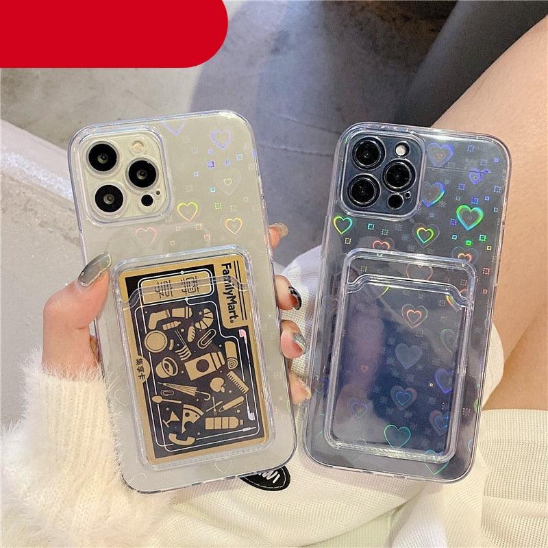 Clear Holographic Love Heart Pattern Cute Case with Card Holder Love Gradient Transparent Soft Case For iPhone 14 13 11 12 Pro Max Mini  X XS XR 7 8 Plus Wallet Card Holder Cover Stevvex