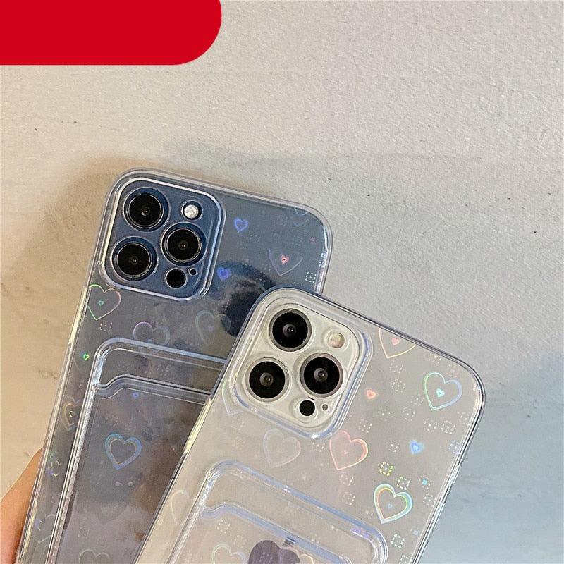 Clear Holographic Love Heart Pattern Cute Case with Card Holder Love Gradient Transparent Soft Case For iPhone 14 13 11 12 Pro Max Mini  X XS XR 7 8 Plus Wallet Card Holder Cover Stevvex