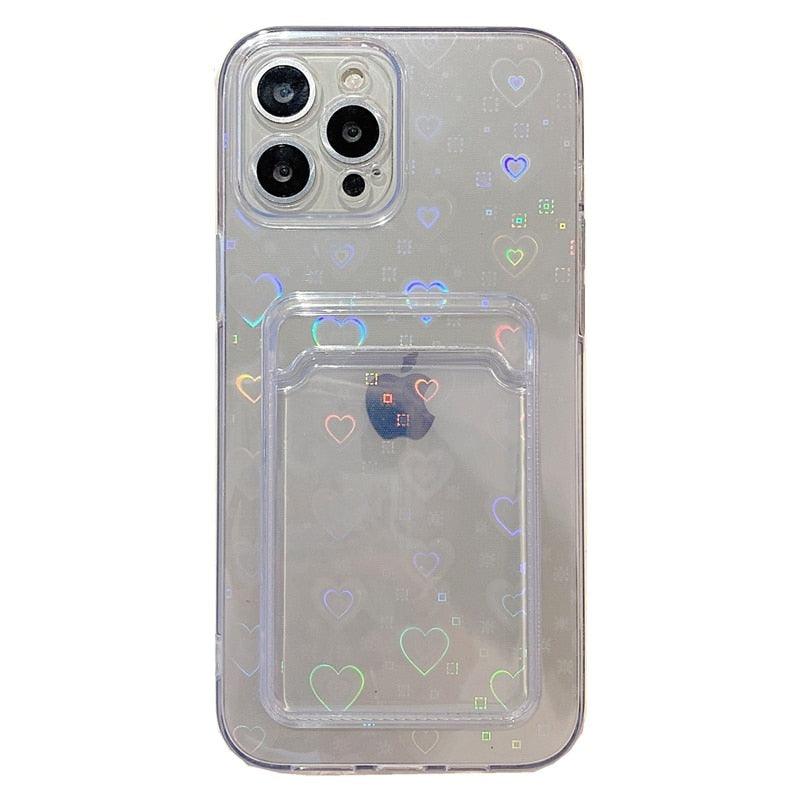 Clear Holographic Love Heart Pattern Cute Case with Card Holder Love Gradient Transparent Soft Case For iPhone 14 13 11 12 Pro Max Mini  X XS XR 7 8 Plus Wallet Card Holder Cover Stevvex
