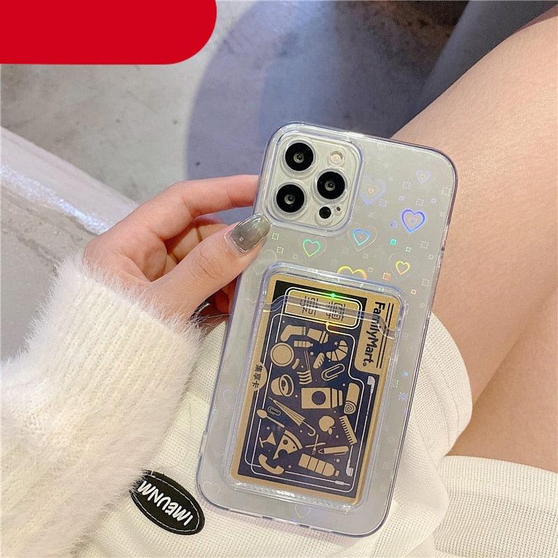 Clear Holographic Love Heart Pattern Cute Case with Card Holder Love Gradient Transparent Soft Case For iPhone 14 13 11 12 Pro Max Mini  X XS XR 7 8 Plus Wallet Card Holder Cover Stevvex