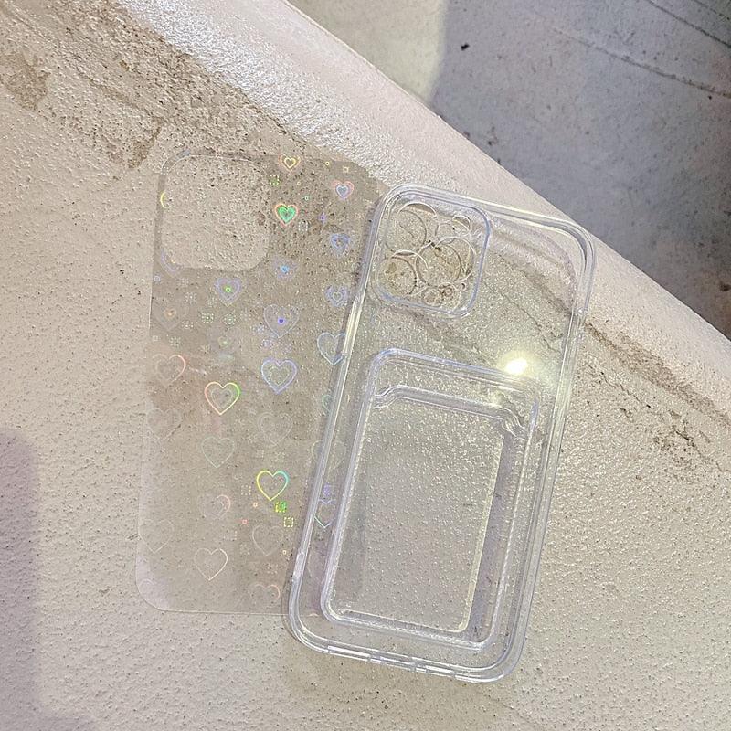 Clear Holographic Love Heart Pattern Cute Case with Card Holder Love Gradient Transparent Soft Case For iPhone 14 13 11 12 Pro Max Mini  X XS XR 7 8 Plus Wallet Card Holder Cover Stevvex