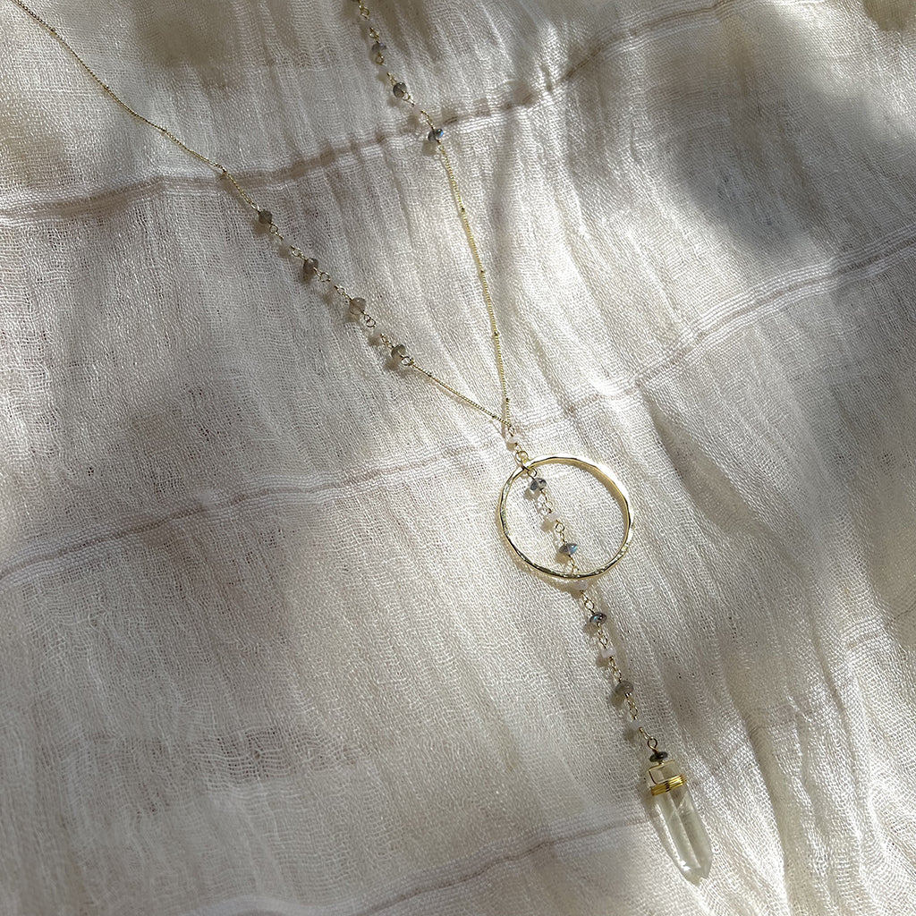 Clear Quartz Y Necklace Halo Crystal Pendant Gemstone Strand Layering BandsCo Straps