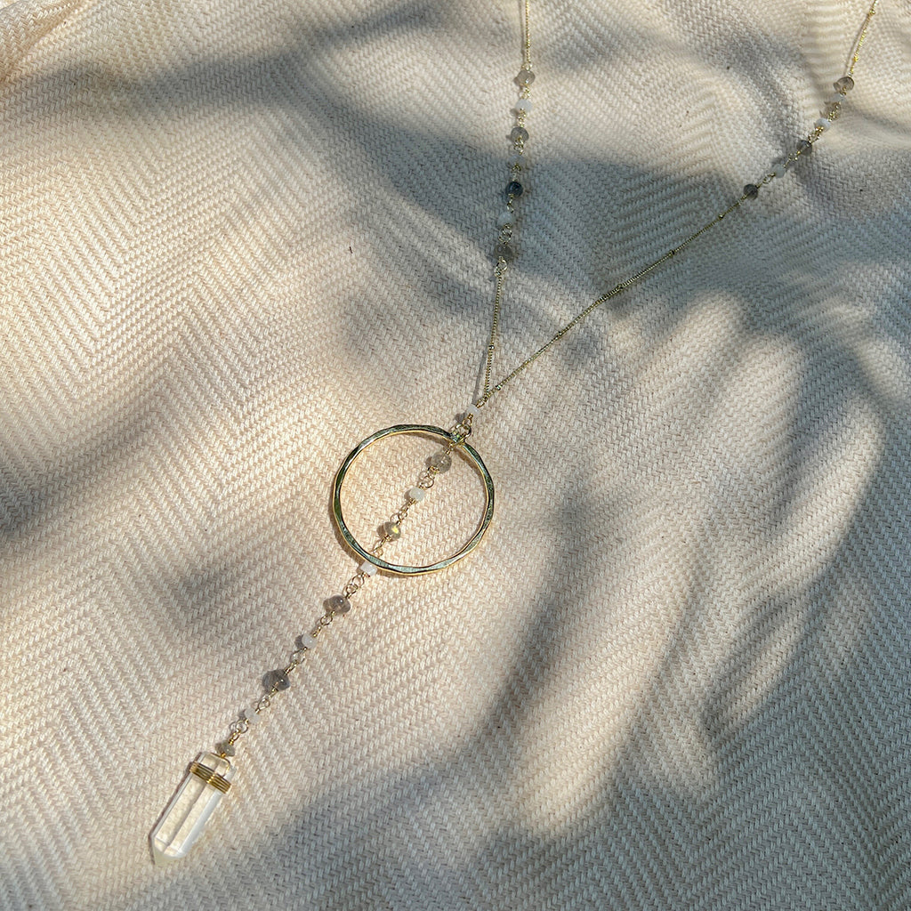 Clear Quartz Y Necklace Halo Crystal Pendant Gemstone Strand Layering BandsCo Straps