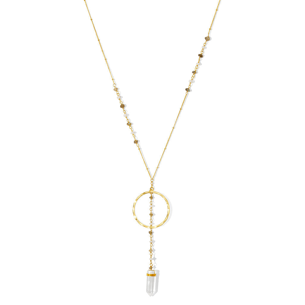 Clear Quartz Y Necklace Halo Crystal Pendant Gemstone Strand Layering BandsCo Straps