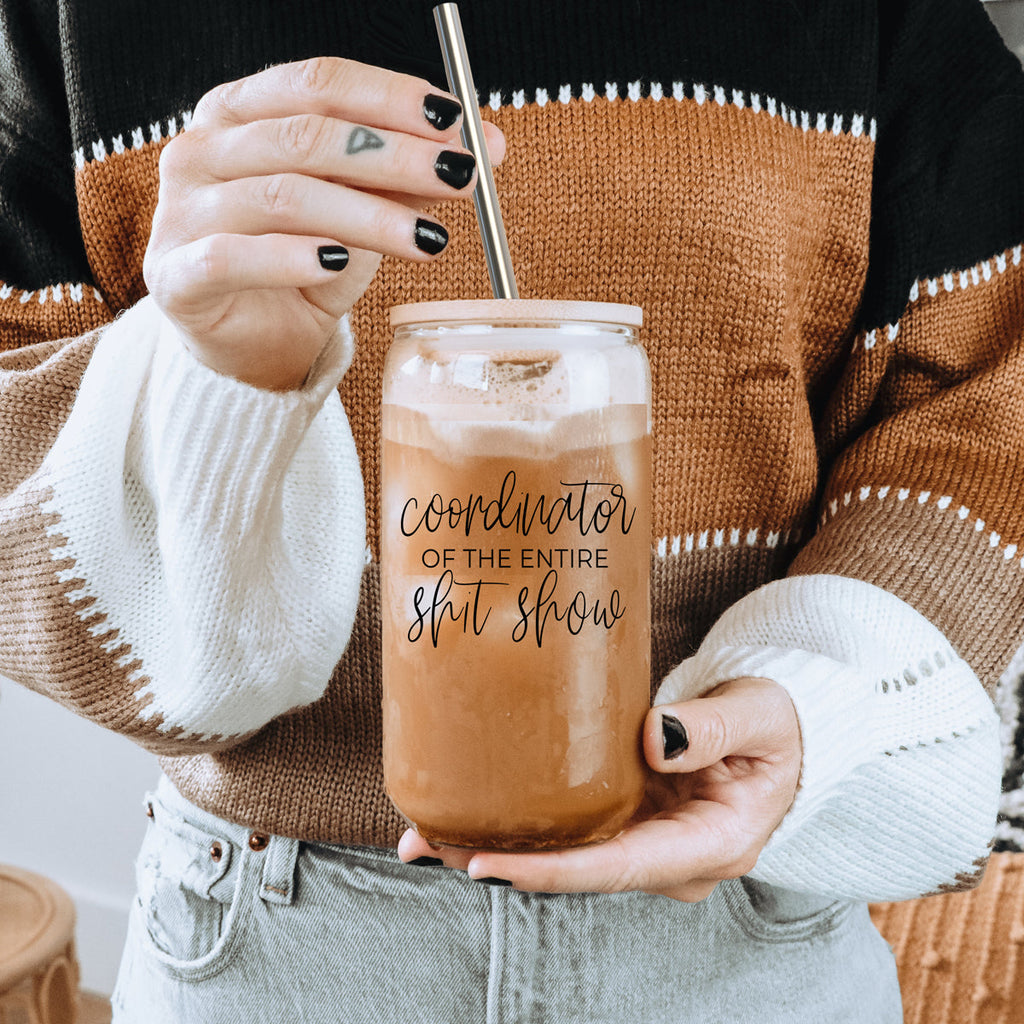 Shit Show Coordinator 17oz Glass Tumbler With Bamboo Lid, 2 Stainless Straws BandsCo Straps