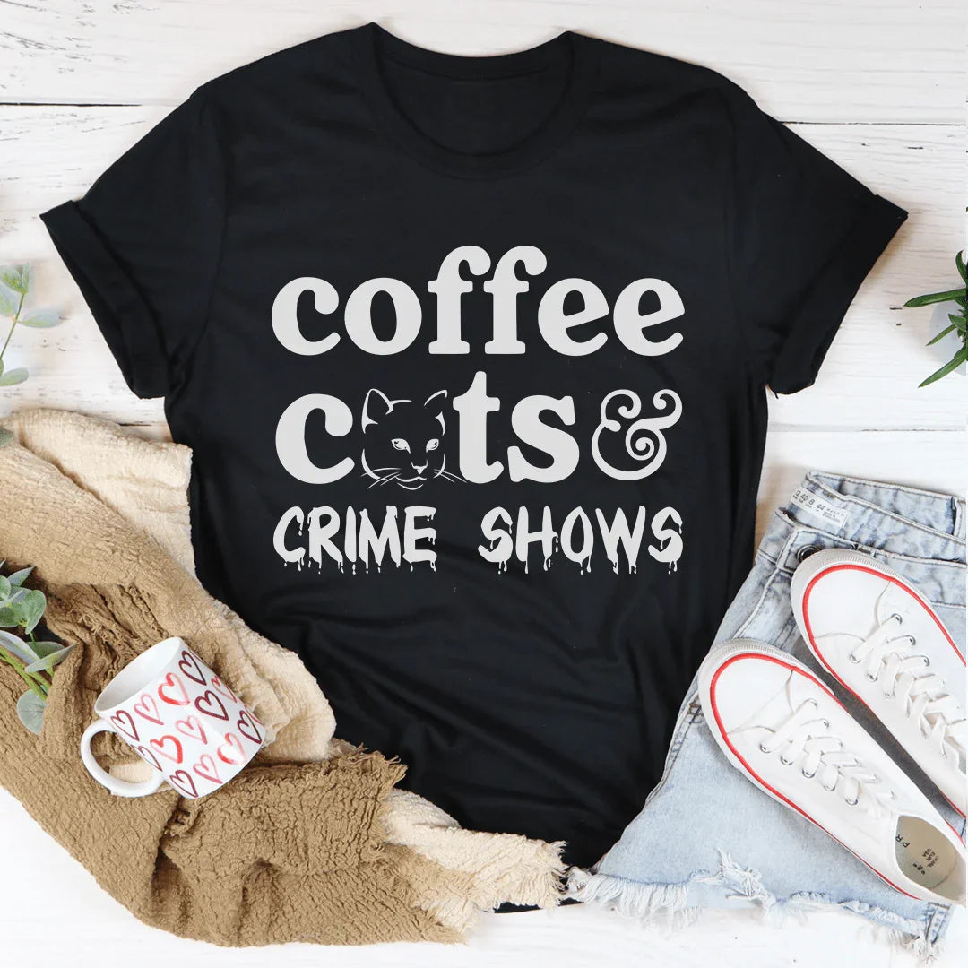Coffee Cats & Crime Shows Tee Peachy Sunday