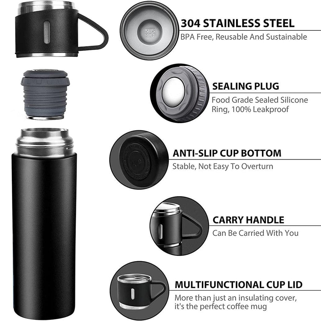 Coffee Thermos 500ml Water Bottle Portable Thermal Travel Sports Mug In-Car Insulated Cup Stainless Steel Vacuum Flasks Double Layer Stainless Steel Vacuum Flask Set with 3 Cups Including Lid Stevvex