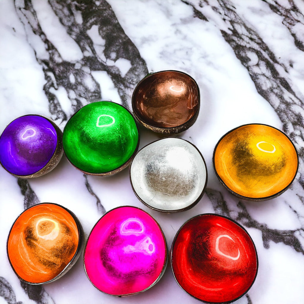 Coconut Rainbow Bowls Handcrafted Gold Leaf Polished Lacquered Eco Serve Bowls BandsCo Straps