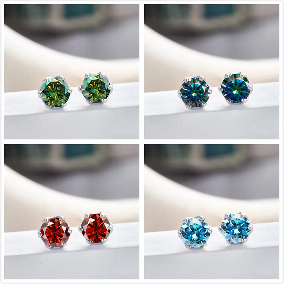 Pink Royal Blue Moissanite Stud Earrings S925 Sterling Silver 0.5 1 2 Ct Bride BandsCo Straps