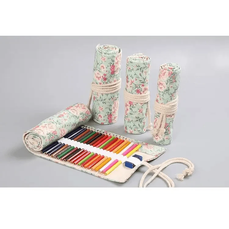 Colorful Roll Up Pencil Case Canvas Flowers Style Colored Pencils Wrap Multi-Purpose Pen Holder Cute Case Stevvex