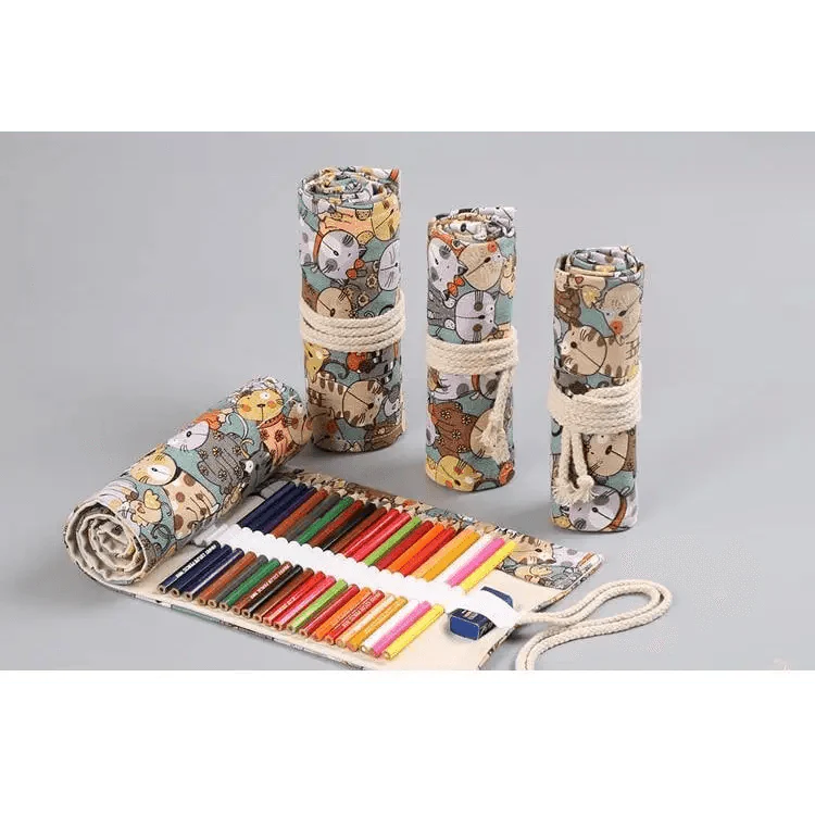 Colorful Roll Up Pencil Case Canvas Flowers Style Colored Pencils Wrap Multi-Purpose Pen Holder Cute Case Stevvex