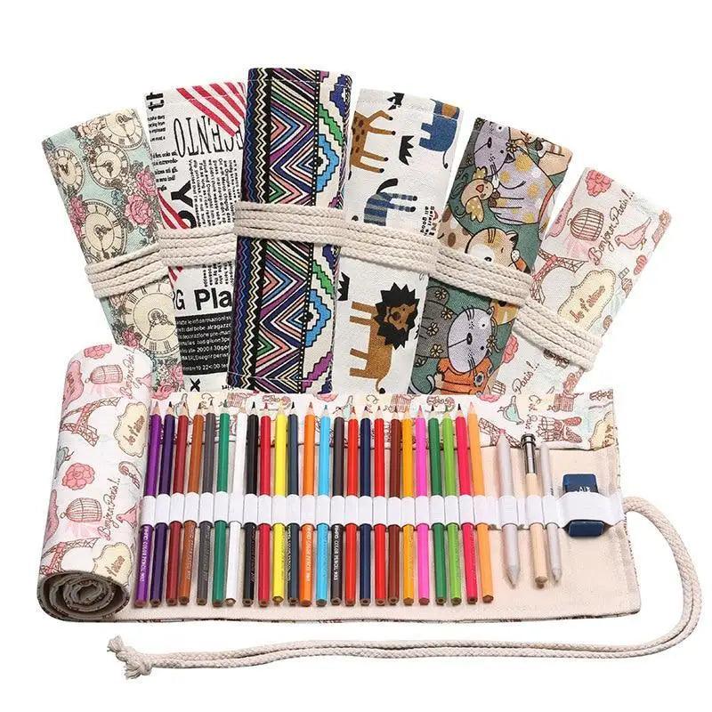 Colorful Roll Up Pencil Case Canvas Flowers Style Colored Pencils Wrap Multi-Purpose Pen Holder Cute Case Stevvex