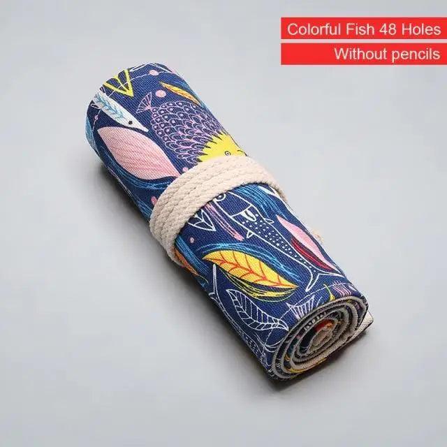 Colorful Roll Up Pencil Case Canvas Flowers Style Colored Pencils Wrap Multi-Purpose Pen Holder Cute Case Stevvex