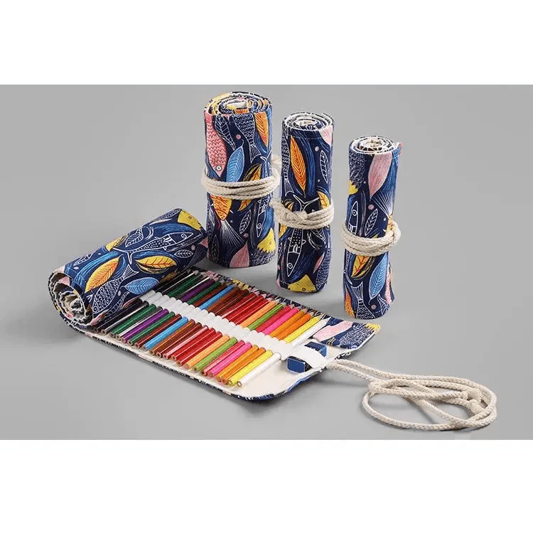 Colorful Roll Up Pencil Case Canvas Flowers Style Colored Pencils Wrap Multi-Purpose Pen Holder Cute Case Stevvex