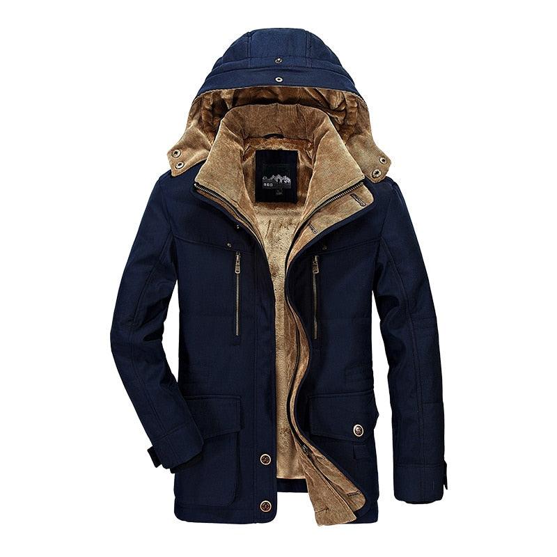 Comfortable Dark Blue Men's Casual Jacket Fashion Winter Male Thick Overcoat Stylish New Design Hooded Jacket Warm Winter Jacket For Men Soft Cotton Jackets Winter Snow Warm Jackets With Hood Stevvex