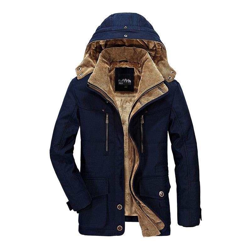 Comfortable Dark Blue Men's Casual Jacket Fashion Winter Male Thick Overcoat Stylish New Design Hooded Jacket Warm Winter Jacket For Men Soft Cotton Jackets Winter Snow Warm Jackets With Hood Stevvex