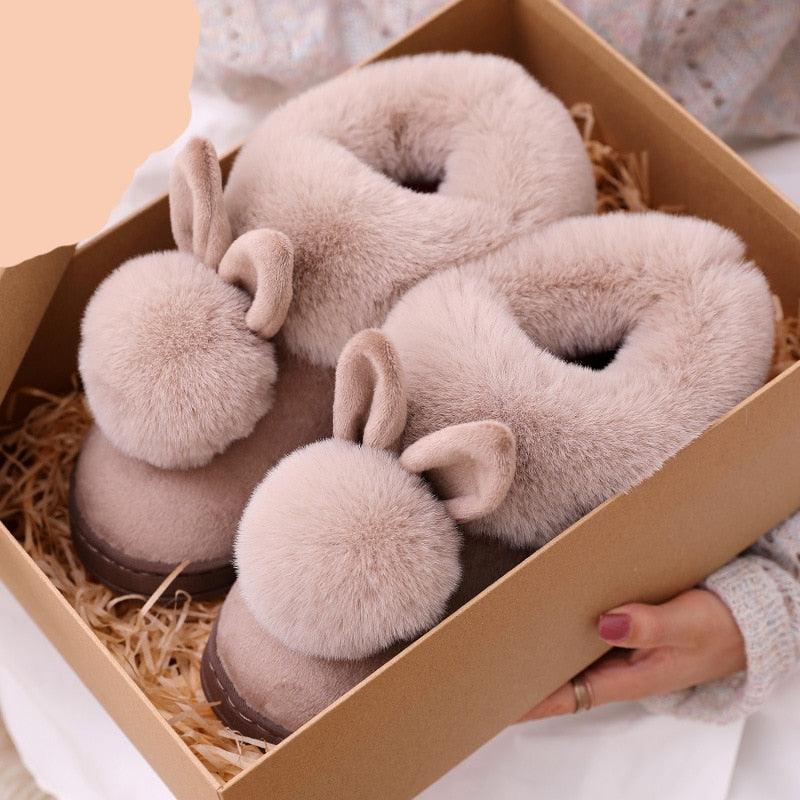 Comfortable Fashion Autumn Winter Cotton Slippers Rabbit Ear Home Indoor Slippers Winter Warm Shoes Womens Cute Plush Slippers Warm Indoor Slippers For Women Fleece Plush Bedroom Winter Boots Stevvex