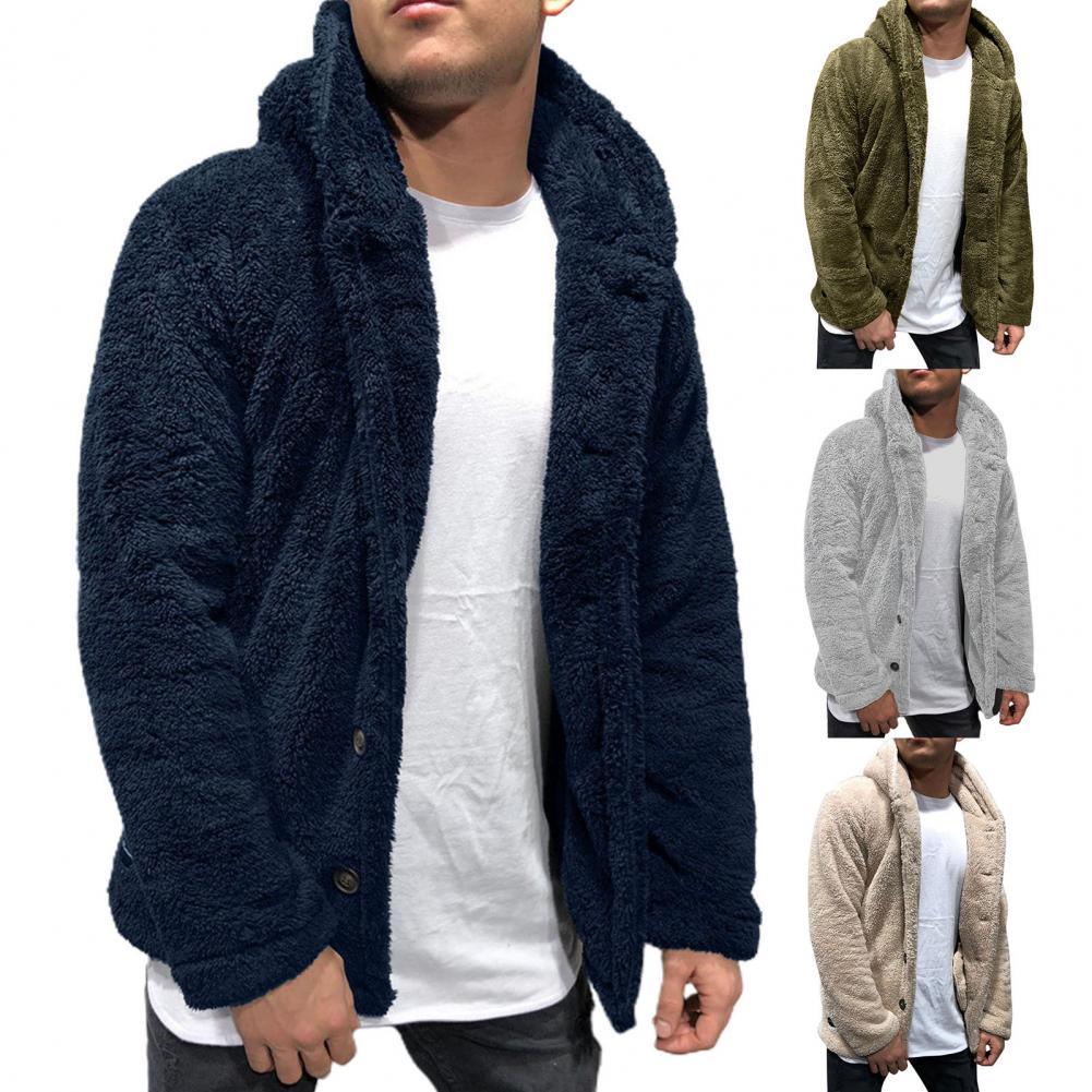Comfortable Winter Unisex Jacket Fluffy Thick Warm Jacket Long Sleeve Hooded Coat Soft Coat Jacket Warm Casual Button Jacket Elegant Modern Autumn Plush Buttons Closure Thick Men Coat For Outdoor Stevvex