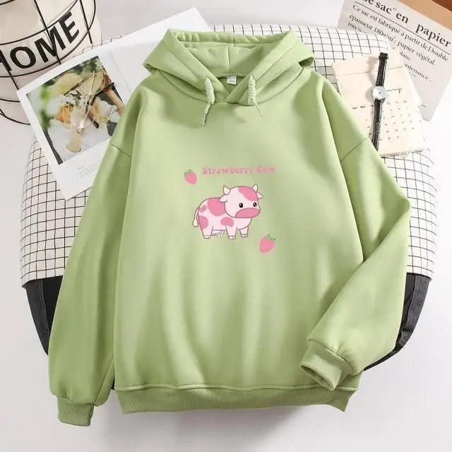 Cool Cow Print Hoodie Strawberry Casual Pullover Oversized Sweatshirt Pullover Sweatshirts for Women Cute Strawberry Cow Print Hoodie Casual Top Aesthetic Clothes For Women Funny Hoodies Stevvex