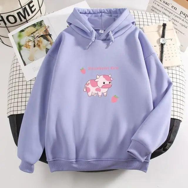 Cool Cow Print Hoodie Strawberry Casual Pullover Oversized Sweatshirt Pullover Sweatshirts for Women Cute Strawberry Cow Print Hoodie Casual Top Aesthetic Clothes For Women Funny Hoodies Stevvex