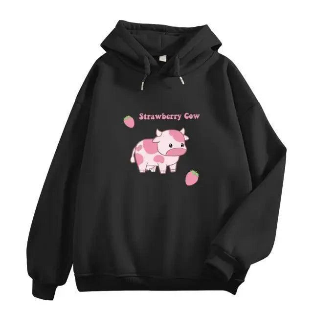 Cool Cow Print Hoodie Strawberry Casual Pullover Oversized Sweatshirt Pullover Sweatshirts for Women Cute Strawberry Cow Print Hoodie Casual Top Aesthetic Clothes For Women Funny Hoodies Stevvex