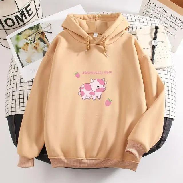 Cool Cow Print Hoodie Strawberry Casual Pullover Oversized Sweatshirt Pullover Sweatshirts for Women Cute Strawberry Cow Print Hoodie Casual Top Aesthetic Clothes For Women Funny Hoodies Stevvex