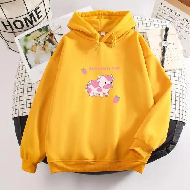 Cool Cow Print Hoodie Strawberry Casual Pullover Oversized Sweatshirt Pullover Sweatshirts for Women Cute Strawberry Cow Print Hoodie Casual Top Aesthetic Clothes For Women Funny Hoodies Stevvex