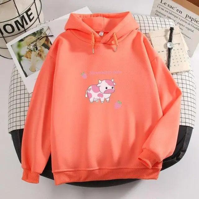 Cool Cow Print Hoodie Strawberry Casual Pullover Oversized Sweatshirt Pullover Sweatshirts for Women Cute Strawberry Cow Print Hoodie Casual Top Aesthetic Clothes For Women Funny Hoodies Stevvex