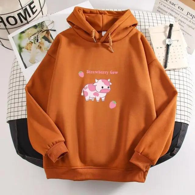 Cool Cow Print Hoodie Strawberry Casual Pullover Oversized Sweatshirt Pullover Sweatshirts for Women Cute Strawberry Cow Print Hoodie Casual Top Aesthetic Clothes For Women Funny Hoodies Stevvex