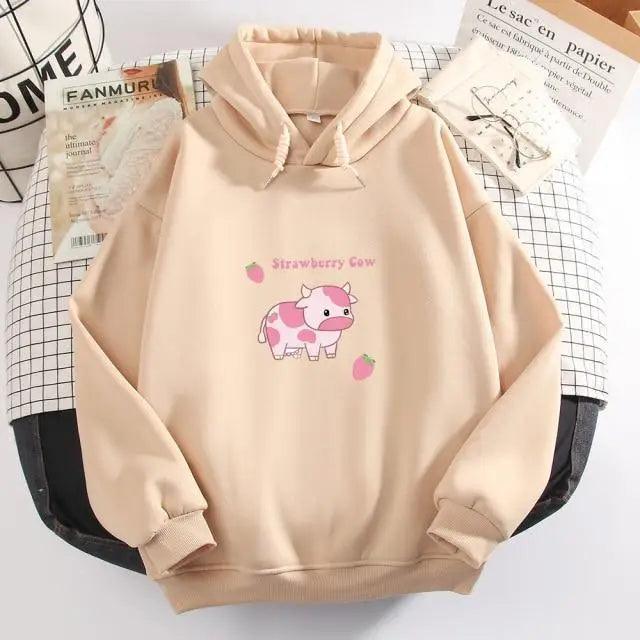 Cool Cow Print Hoodie Strawberry Casual Pullover Oversized Sweatshirt Pullover Sweatshirts for Women Cute Strawberry Cow Print Hoodie Casual Top Aesthetic Clothes For Women Funny Hoodies Stevvex