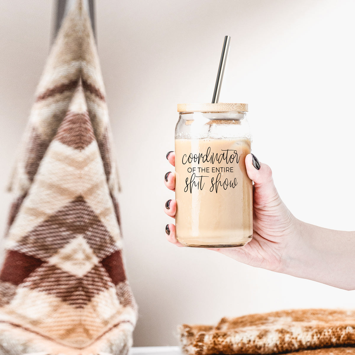 Shit Show Coordinator 17oz Glass Tumbler With Bamboo Lid, 2 Stainless Straws BandsCo Straps